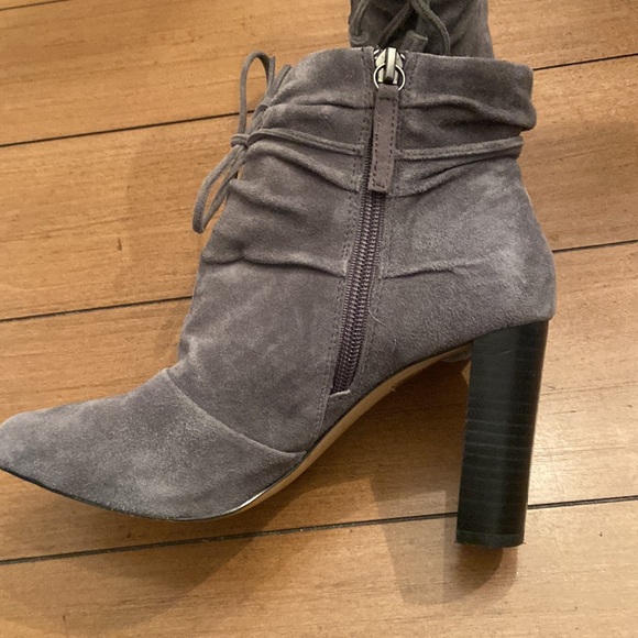 Boots, Gray Suede High Heel Ankle Boots. - Picture 2 of 5